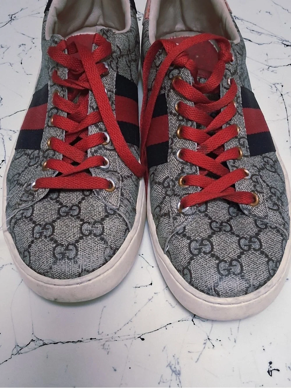 Gucci Ace GG Monogram Low-Top Sneakers with Red Laces and Navy-Red Web